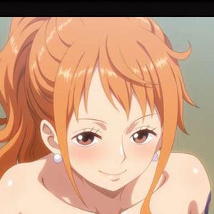 May include: An anime-style illustration of a character with vibrant orange hair styled in a high ponytail with loose bangs framing the face. The character has brown eyes, light skin with a subtle blush on the cheeks, and wears small white pearl earrings.