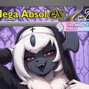 Może przedstawiać: Karta kolekcjonerska Mega Absol EX z 280 HP. Karta przedstawia ciemnoskórą postać z białymi włosami, czerwonymi oczami i w czarnym habicie z krzyżem. Tekst zawiera Mega Absol EX, The Mega-Evolved form of Absol oraz symbol mrocznej energii.