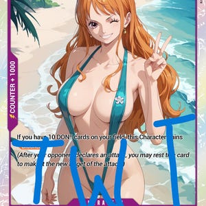 May include: A One Piece trading card featuring an illustration of Nami with long orange hair, wearing a teal bikini with a white flower accent, making a peace sign gesture on a beach. The card includes text, a power level of 1000, and a purple border.