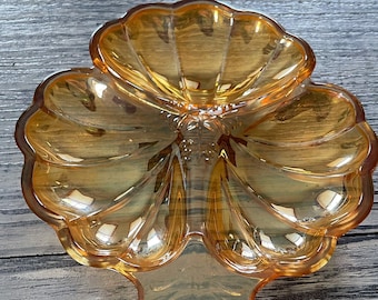 Vintage 1960s Jeannette Marigold Carnival Glass Shamrock Dish - Three Leaf Clover Tray Snack Bowl - Iridescent Candy Dish  -  Retro Dish