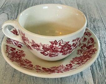 Vintage Newport Pottery BELINDA Cup and Saucer - Red Flowers Transferware - Made in Burslem England - Newport Pottery Teacup and Saucer RARE