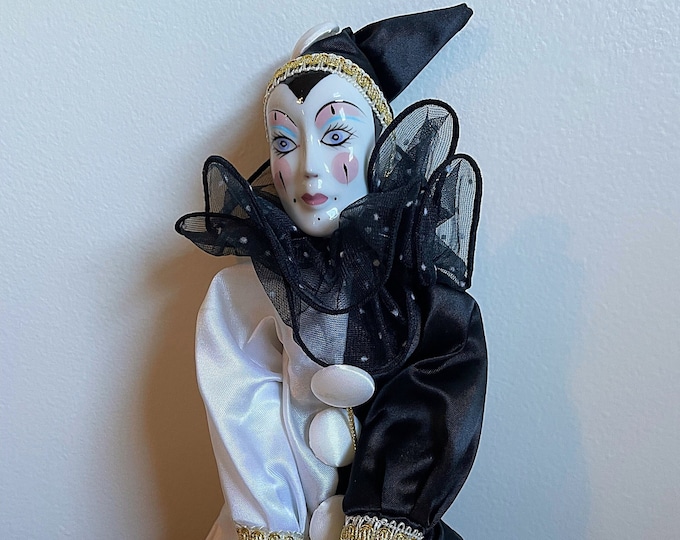 Vintage Pierrot Clown Doll Black and White Harlequin Porcelain Doll