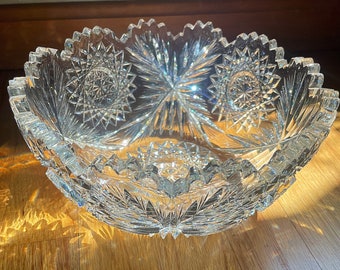 Antique American Brilliant Cut Crystal Bowl Sawtooth Rim Star Geometric Patterns Hand Cut Crystal Bowl Hobstar Crystal Serving Bowl