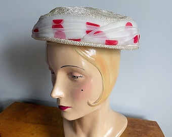 Vintage 1950s Pillbox Hat with Red Polka Dot Detail May Company - Vintage Kentucky Derby Hat - Mid-Century Kentucky Derby fashion - MCM Hat