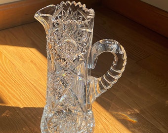 Antique American Brilliant Cut Crystal Pitcher Sawtooth Rim Pinwheel Patterns 11" Tall Elegant Decor & Collector's Item - Antique Tableware