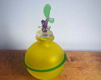 Vintage Perfume Bottle by Irving W Rice & Co. Yellow Art Glass with Green Accent and Cactus Decorative Stopper - 1950s Collectible