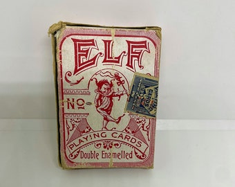 Antique Elf No. 93 Playing Cards Set -Red Japanese Scene Geisha Artwork - 48 Card Deck - Vintage Gaming Collectibles -  US Tax Stamp