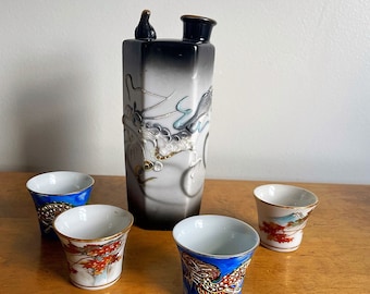 Vintage Dragonware Whistling Bird Sake Set - Moriage Design, Geisha Lithophane, Hand-Painted - 5pc Occupied Japan - Japanese Ceramics