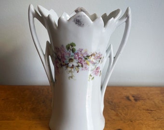 Antique Victorian Hand-painted Porcelain Vase - Unmarked RS Prussia 6" Dual Handle - Floral Pattern - Cottagecore - Shabby Chic Decor