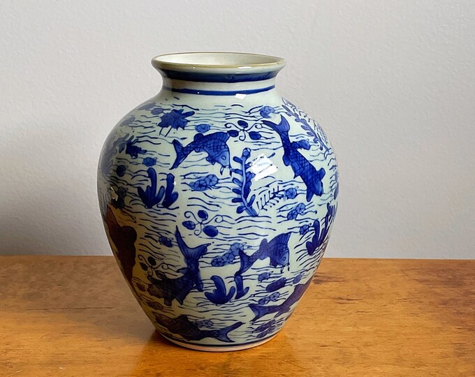 Vintage Koi Fish Blue White Porcelain Vase Hand Painted Chinese Vase