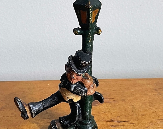 Vintage John Wright Drunk Man on Lamp Post Miniature Cast Iron Figurine