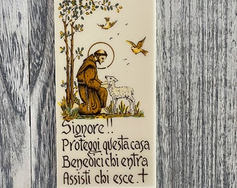 Vintage St. Francis of Assisi Religious Tile - Italian Artigianato Wall Hanging with Prayer, Imported Sacred Decor, Vintage Catholic Saint