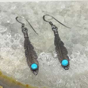 Vintage Navajo Sterling Silver Feather Earrings with Sleeping Beauty Turquoise - Handcrafted Southwest Jewelry - Southwest Boho Jewelry