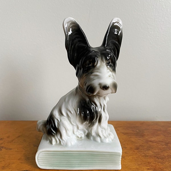 Vintage Fasold & Stauch 14484 Black and White Scottie Dog Sitting on Book with Big Ears Rare Wallendorf Art Deco Porcelain Figurine German