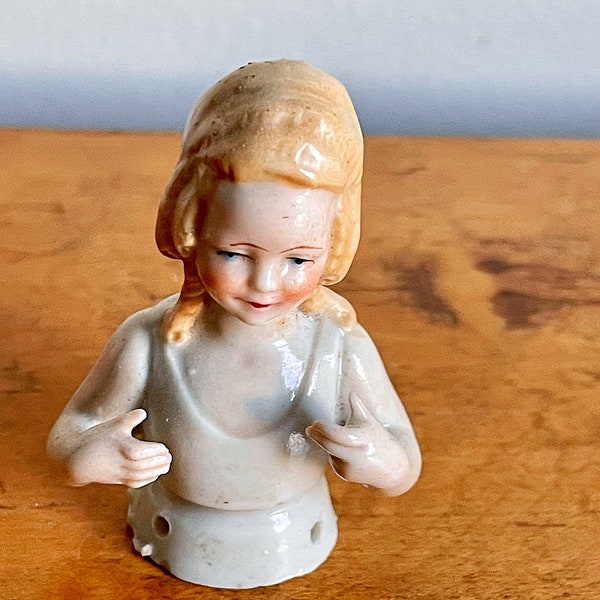 Antique German Porcelain Half Doll Blonde Curls Signed Germany 2.5” Signed - Collectible Vintage Doll - Antique Porcelain Pin Cushion Doll