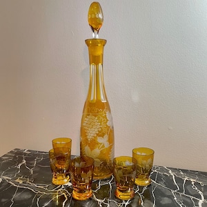 Antique Bohemian Decanter Grape Motif Clear to Cut Glass Wine Decanter Set with Five Cups Ornate Stopper Czech Glass Eggerman Decanter