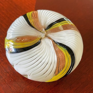 Vintage Art Glass Paperweight White, Yellow, Black, Gold Swirl Hand-Blown Glass Murano Glass Paperweight