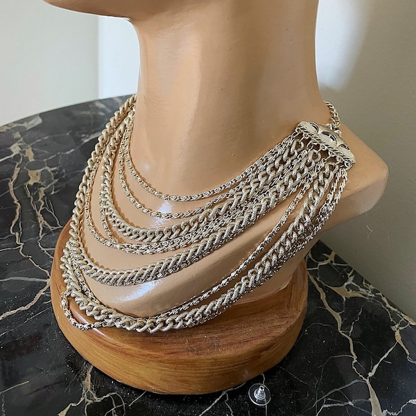 Vintage Gold Chain Multi Strand Necklace 7 Strands Draped Adjustable Clasp Choker Spiral Sarah Coventry Bracelet MCM Choker 1960's Necklace