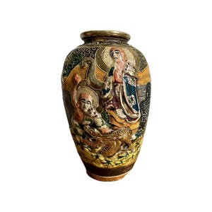 Antique Japanese Satsuma Vase: Gold Gilded Immortal Gods & Dragon