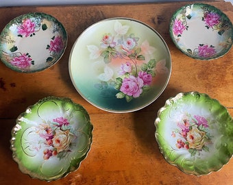 Victorian Antique Hand-Painted Roses Victorian Berry Bowls & Plates Set of 5- R.S. Prussia Style for Shabby Chic and Cottagecore Homes