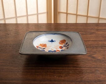 Vintage Japanese Porcelain Ashtray: Floral Pewter Bowl, 1960s
