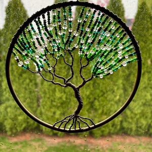 Handmade Wire Wrapped Tree of Life Suncatcher: Green Glass Boho Decor