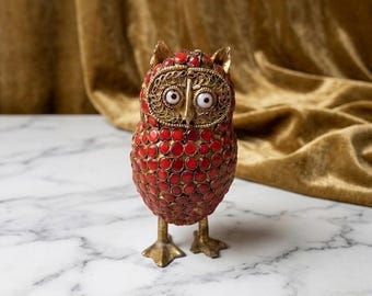 Vintage Brass Owl Figurine, Coral Turquoise Mosaic, Filigree Bird Sculpture, Boho Decor