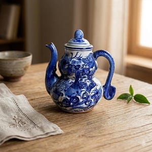 May include: A blue and white ceramic teapot with a bulbous body and a curved handle. The teapot features a detailed floral and scroll design. The spout is long and curved, and the lid has a small knob. The teapot is sitting on a wooden surface.