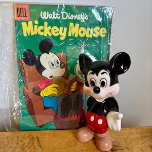 Vintage Walt Disney Productions Mickey Mouse Large Ceramic Figurine 6&quot; with Walt Disney&#39;s Comics and Stories #45, June 1944 Edition