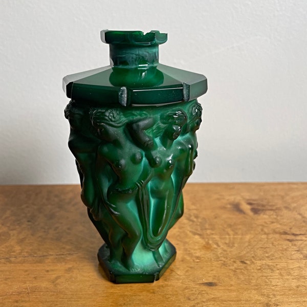 Vintage Malachite Glass Goddess Perfume Bottle Circa 1930's Czechoslovakian Art Deco Glass Perfume Bottle Bohemian Glass Schlevogt Glass