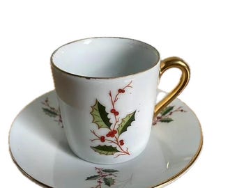 Vintage Teacup Holly Berry Design Inarco Japan Signed E-891 Porcelain Demitasse Teacup & Saucer Vintage Christmas Vintage Holly Berry Cup