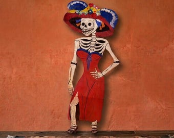 Hand-Painted Mexican Tin La Catrina Wall Art, Día de los Muertos Folk Art (34" Tall)