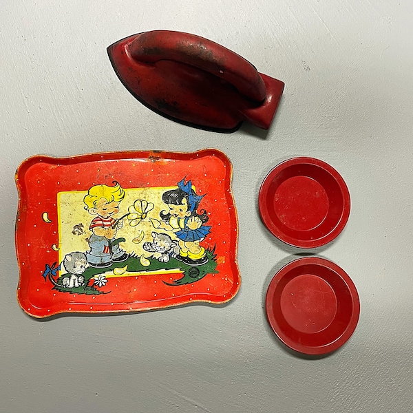 Vintage Tin Toy Collection 1940's Ohio Art Tin Tray Girl & Boy Kitten Two Red Tin Plates Red Metal Child's Iron MCM Toys Mid-Century Toys