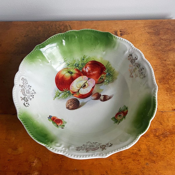 Antique Bavaria Apple and Chestnut Serving bowl Gold Accents Large Porcelain Serving Dish Hand Painted German Fruit Serving Bowl