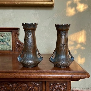 Antique Art Nouveau Pottery Vases | Bernhard Bloch Bronze Glaze Pair