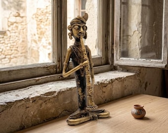 Vintage Dhokra Brass Musician Statue | Indian Folk Art Flute Player Figurine | Tribal Metal Art