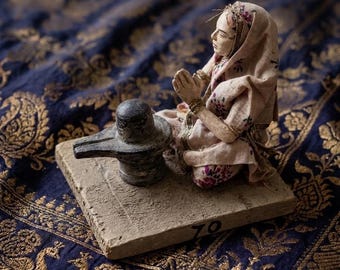 Vintage Terracotta Golu Doll Devotee Praying Shiva Lingam, Mid-Century Folk Art Shrine Decor
