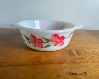 Vintage Anchor Hocking Fire King Ovenbake Casserole Dish - Gay Fad Studios Peach Blossom - 1960s/70s - 1 Pint Capacity