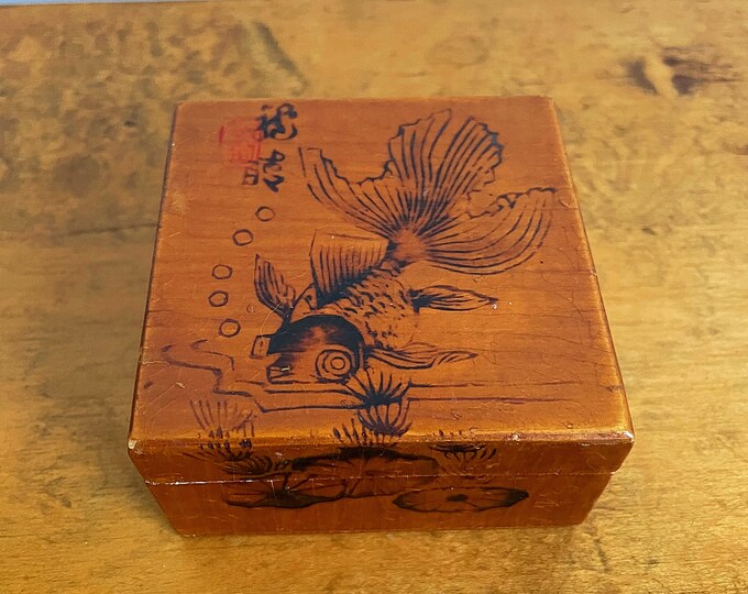 Vintage Chinese Bamboo Koi Fish Wood Burnt Box Red Satin Interior Asian ...