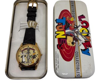 Vintage Armitron Looney Tunes Collectible Watch - Bugs Bunny, Sylvester & Daffy - Gold Tone Case with Tin - New Battery