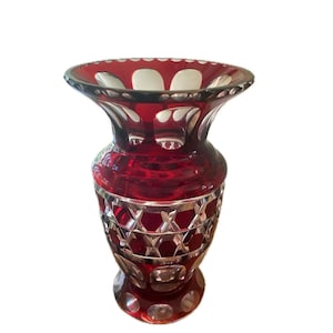 Vintage Cut to Clear Crystal Vase: 1930s Ruby Red Elegance Bohemian Craftsmanship - 6.5” Tall - Thumprint Accents