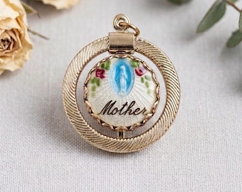 Vintage Spinning Mother Pendant, Virgin Mary Guilloche Enamel Charm, Rose Floral Medallion