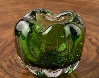 Vintage Murano Emerald Green Bullicante Glass Bowl, Mid-Century Modern Art Glass Ashtray