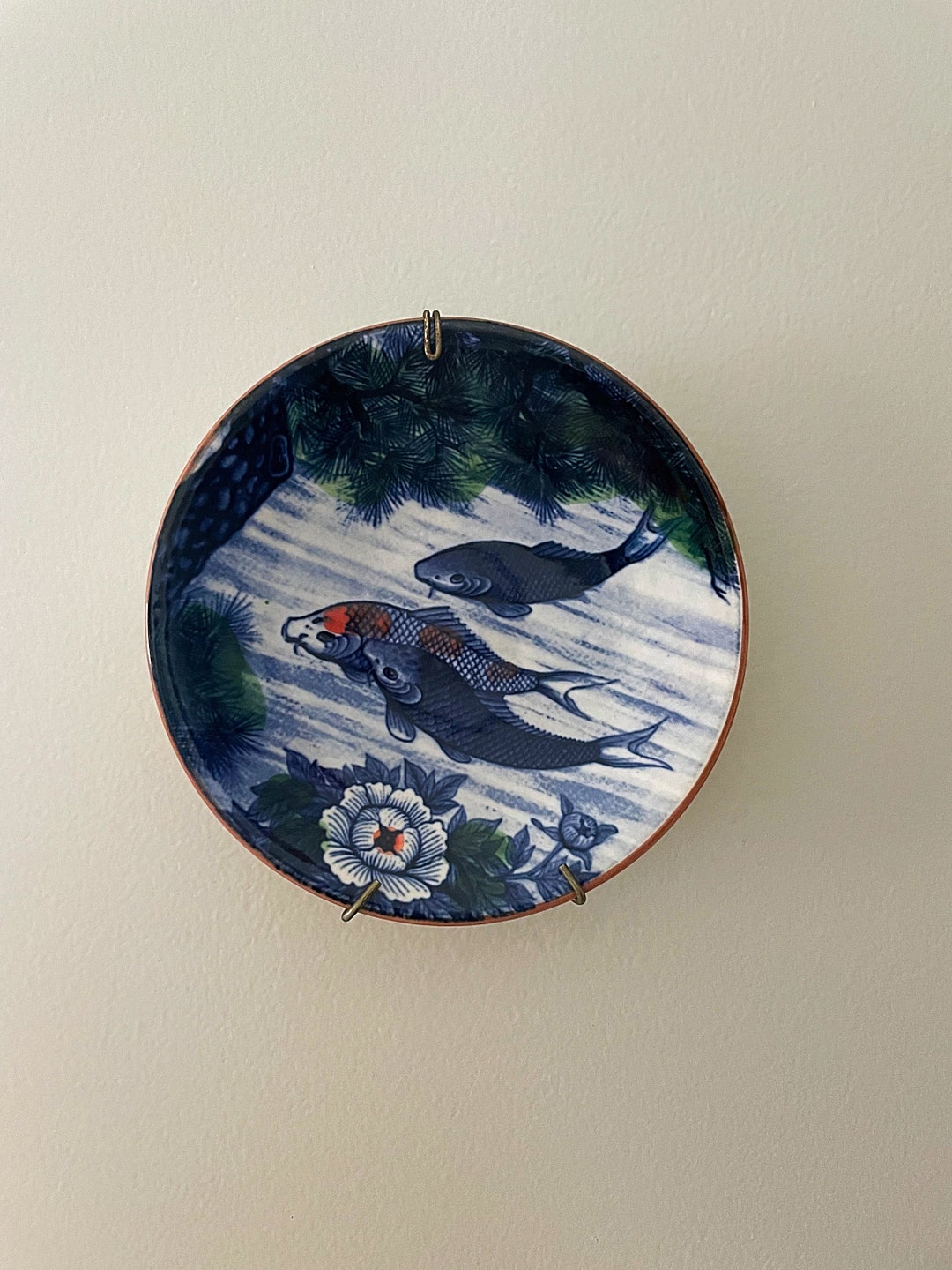 Vintage Koi Fish Plate Toyo Japanese Koi Porcelain Plate Hand Painted Lotus Flower Porcelain