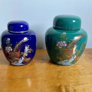 Vintage Ginger Jars - Pheasant - Turquoise and Cobalt Porcelain Ginger Jars - Set of 2 - Kuo Chi Taiwan - Lyre Birds