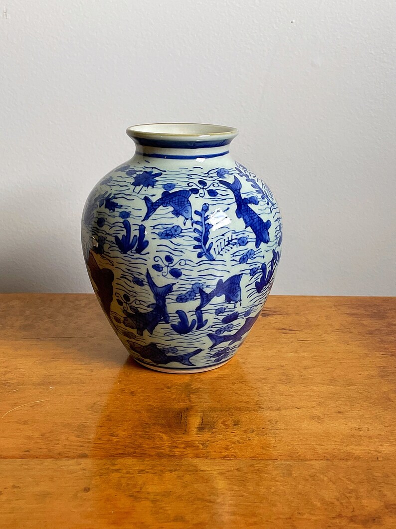Vintage Koi Fish Blue White Porcelain Vase Hand Painted Etsy