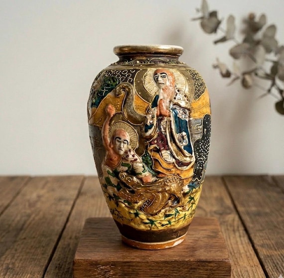 Antique Japanese Satsuma Vase: Gold Gilded Immortal Gods & Dragon