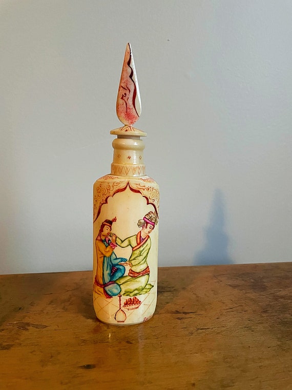 Vintage Turkish Hand Painted Bone Perfume Bottle V