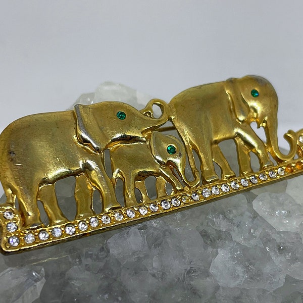 Vintage Mid-Century Elephant Trio Gold Tone Brooch with Rhinestone Detail Walking Elephants Rhinestone Pin MCM Jewelry