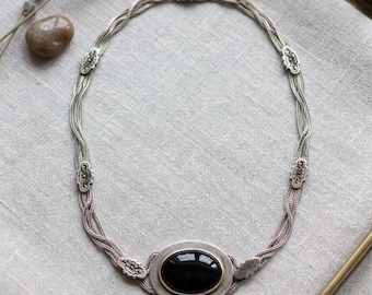 Silver Black Onyx Statement Necklace | Woven Wheat Chain Choker, Floral Stations
